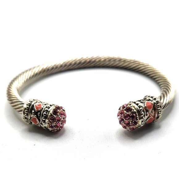 Silver Tone Twist Cuff Bracelet With Pink Rhinestone & Bead Cap - Picture 1 of 5